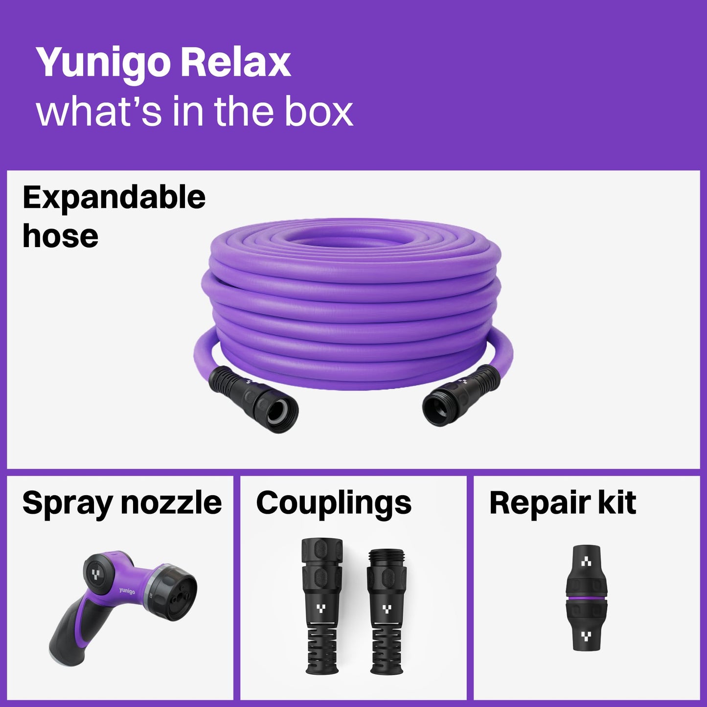 YUNIGO RELAX 50ft Expandable Purple Garden Hose – Lightweight No-Kink Design with Durable Aluminum Couplings, Spray Nozzle & Hose Mender for Home & Garden Watering