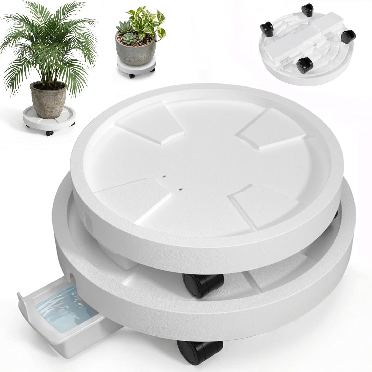 Tappio 2 Pack 14" and 12" Plant Caddy with Hidden 360°Wheels, Plant Stand Rolling Saucer with Drain Hole, Flower Pots with Removable Drainage Tray for Indoor Outdoor, Lockable Wheels