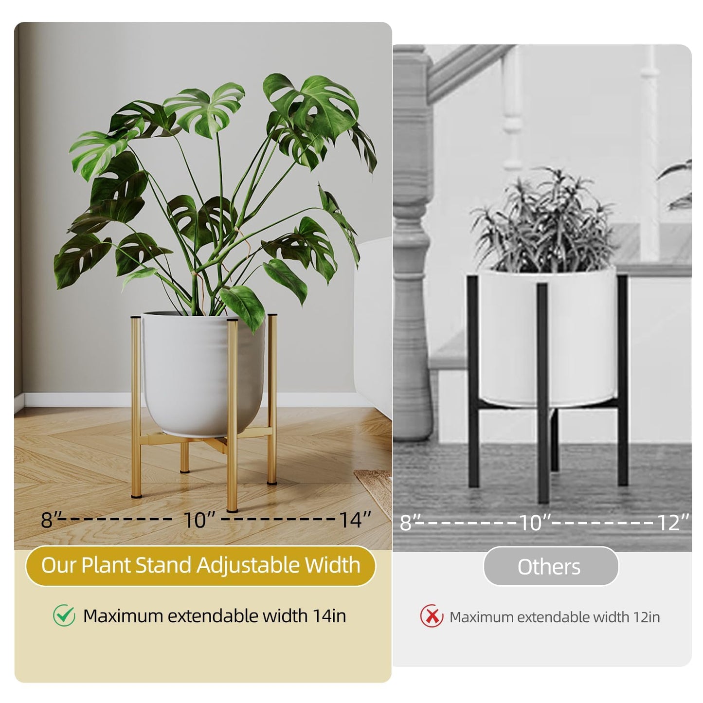 Rioneta Adjustable Metal Plant Stand Indoor, 8 to 14 Inch Pots Mid Century Modern Outdoor Planter Holder,Heavy Duty 160 LB Load, Corner Floor Small Stand for Home Garden Decor Golden