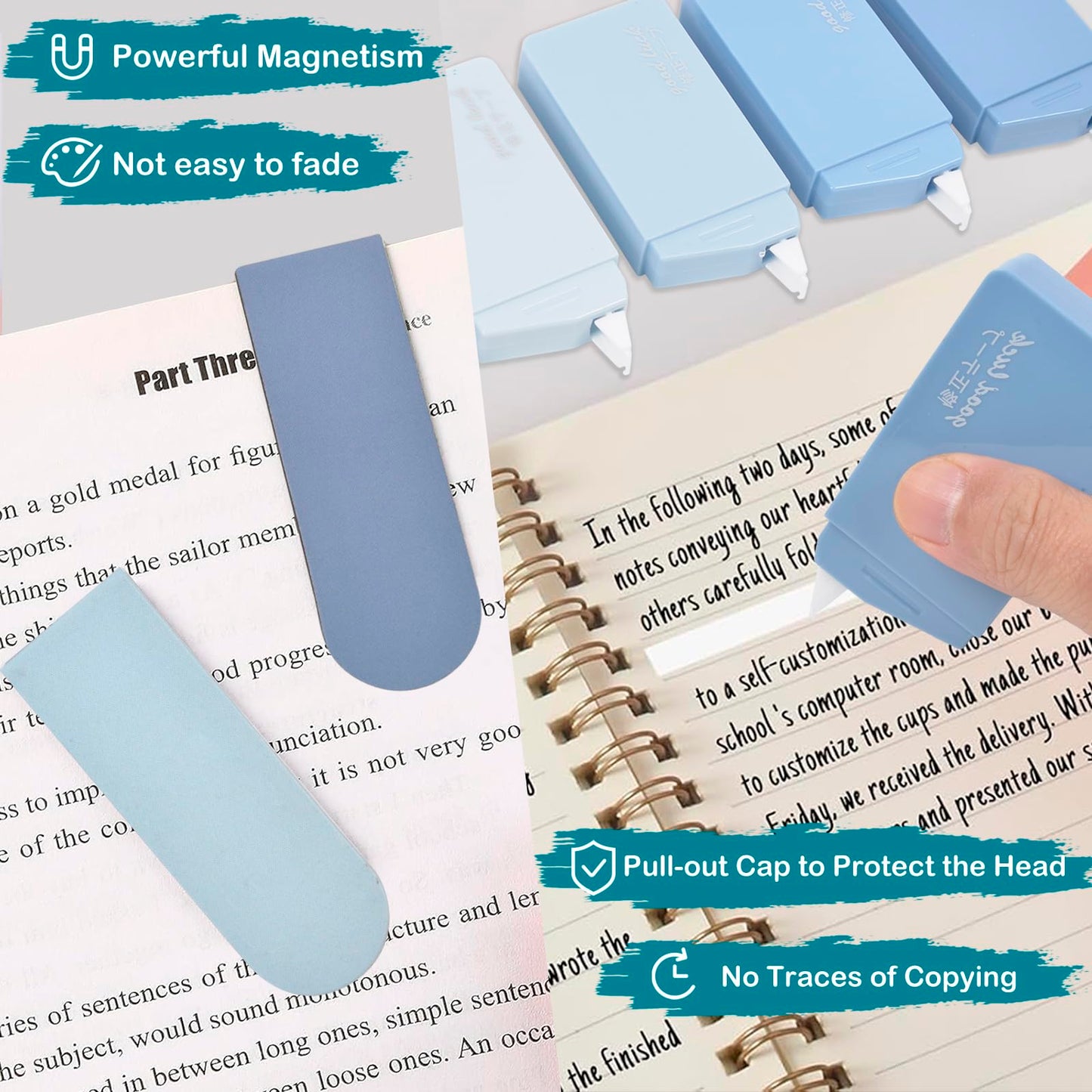 ChezAbbey 47Pcs Aesthetic School Supplies with Pencil Pouch - Cute College Essentials Set, Big Capacity Pen Case, Pastel Highlighters, Bible Study Journaling Stationary Kit (Blue)