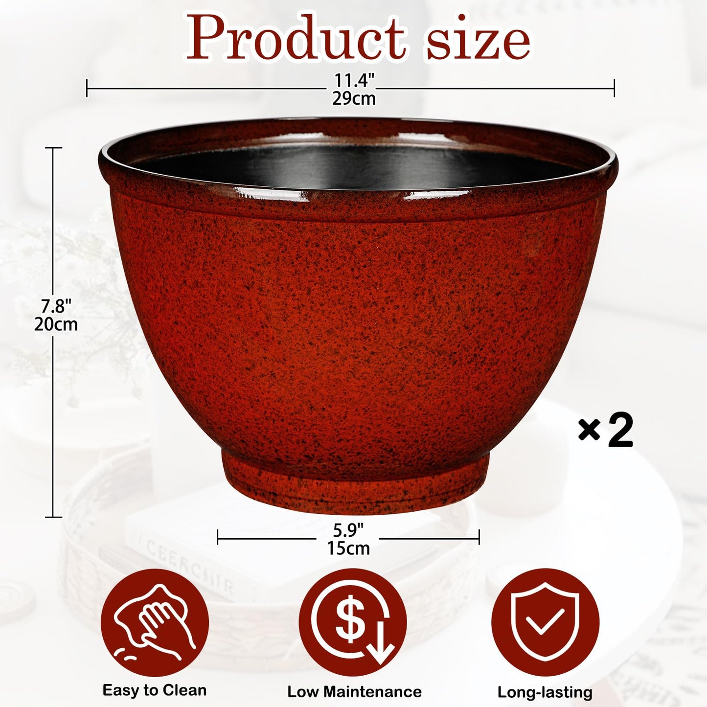 Hollyone Set of 2 Outdoor Planter 11.5 inch Plant Pot Plastic Pots for Plants Planters for Outdoor Indoor Plants with Drainage Hole Round Plant Pot Flower Pots Garden Decorations Dark Red