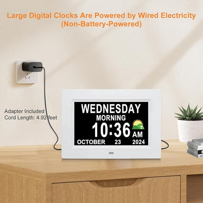SSINI Digital Calendar Dementia Alarm Clock with Day and Date for Elderly - 15 Alarms 5 Colors Display Digital Clock Large Display Alzheimers Large Digital Clock for Seniors (7in White)
