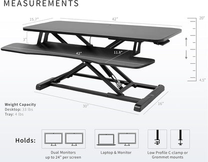 VIVO 42 inch Desk Converter, K Series, Height Adjustable Sit to Stand Riser, Dual Monitor and Laptop Workstation with Wide Keyboard Tray, Black Carbon Fiber Top, Black Frame, DESK-V042KR