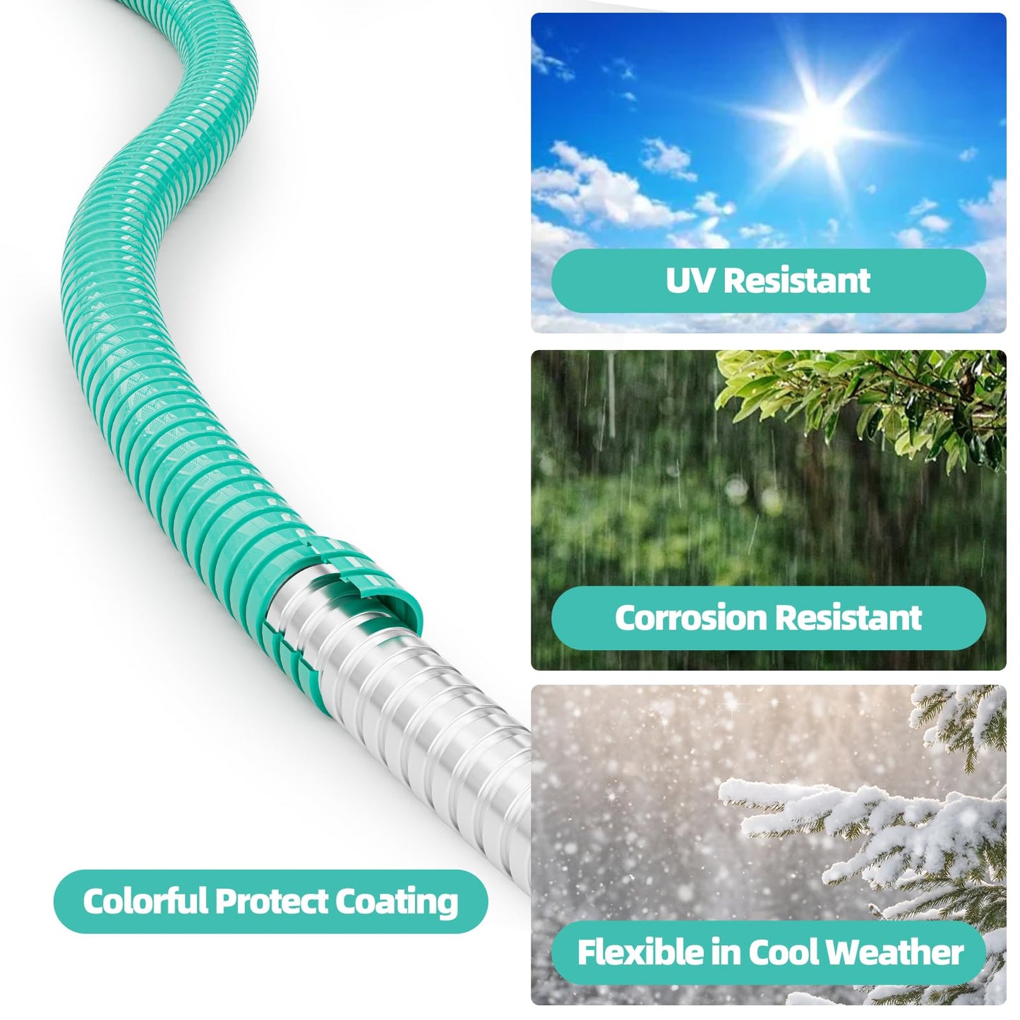 SPECILITE 50ft 304 Stainless Steel Garden Hose Metal, Heavy Duty Water Pipe with Nozzles for Yard, Outdoor - Flexible, Never Kink & Tangle, Puncture Resistant (Aqua)
