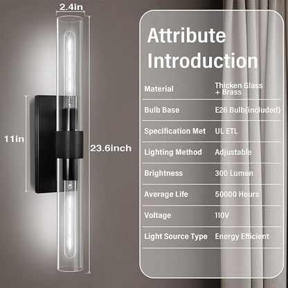 Modern Wall Sconces, Bathroom Wall Sconce, 22.8" Black Wall Lamps, 2-Light Dimmable Sconces Wall Lighting with Glass, Vanity Light Tube Sconce for Bedroom Living Room, Hallway