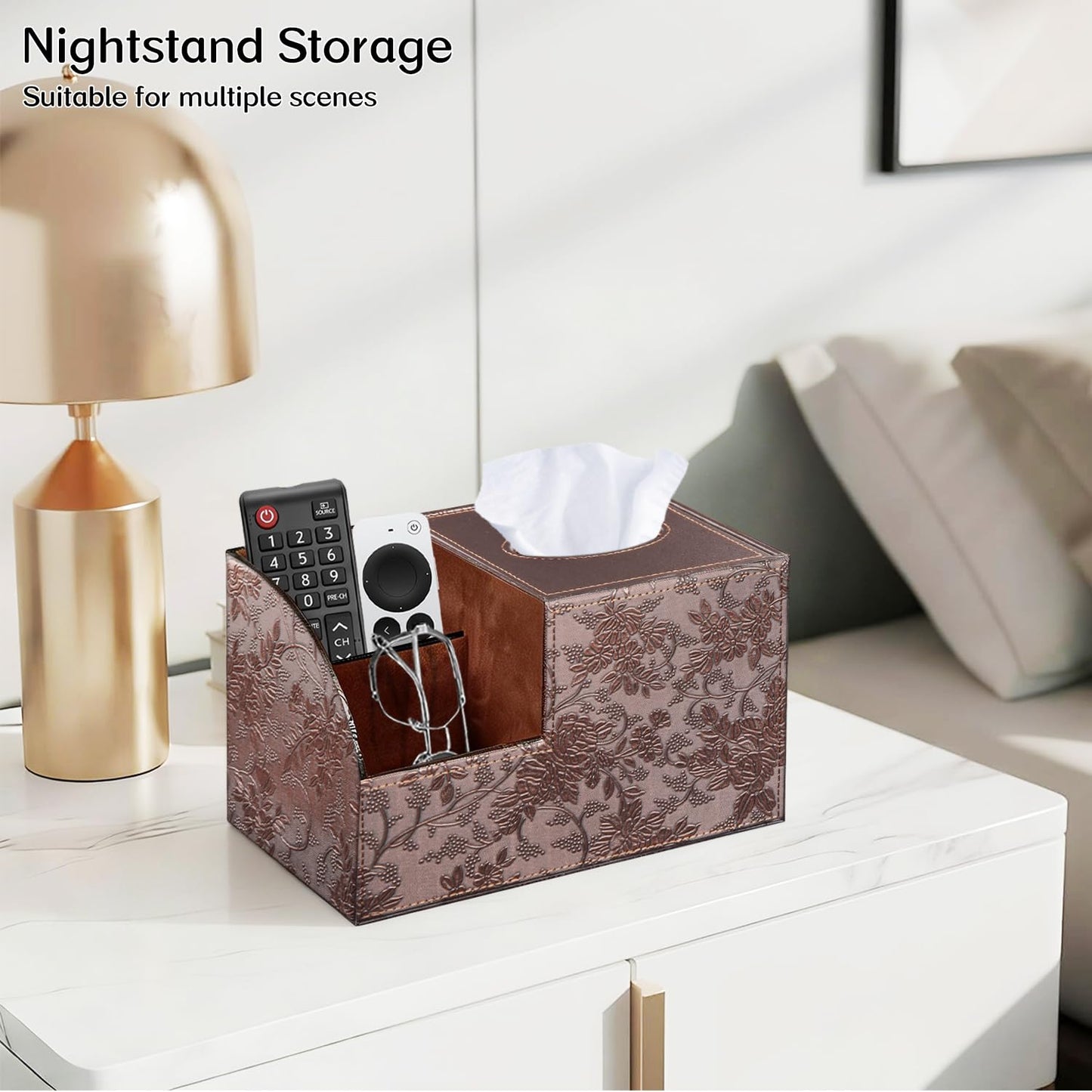 Fanousy Square Tissue Box Cover with Storage, PU Leather Cube Tissue Box Holder, Remote Control Nightstand Organizer, Modern Desk Caddy for End Table, Bathroom, Bedroom, Home, Office Decor