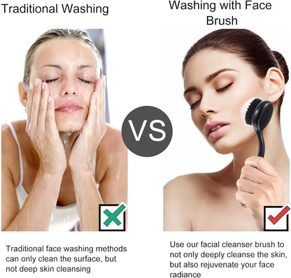 2 Pcs Large Facial Cleansing Brush, Face Brush Cleanser, Upgraded Soft Exfoliating Face Wash Brush Face Scrubber for Skincare, Black Charcoal Bristles Glitter Handle
