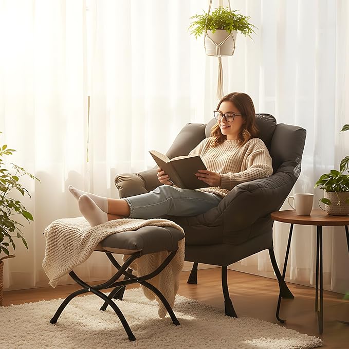 MBOOYOME Lazy Chair with Ottoman, Modern Accent Lounge Armchair with Armrests
