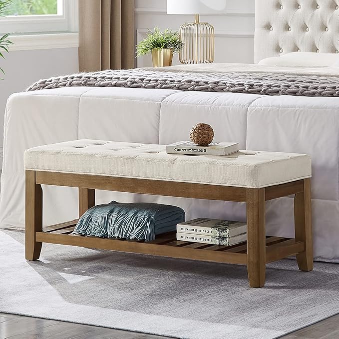 24KF Large Rectangular Upholstered Tufted Linen Ottoman Bench, Padded Bench