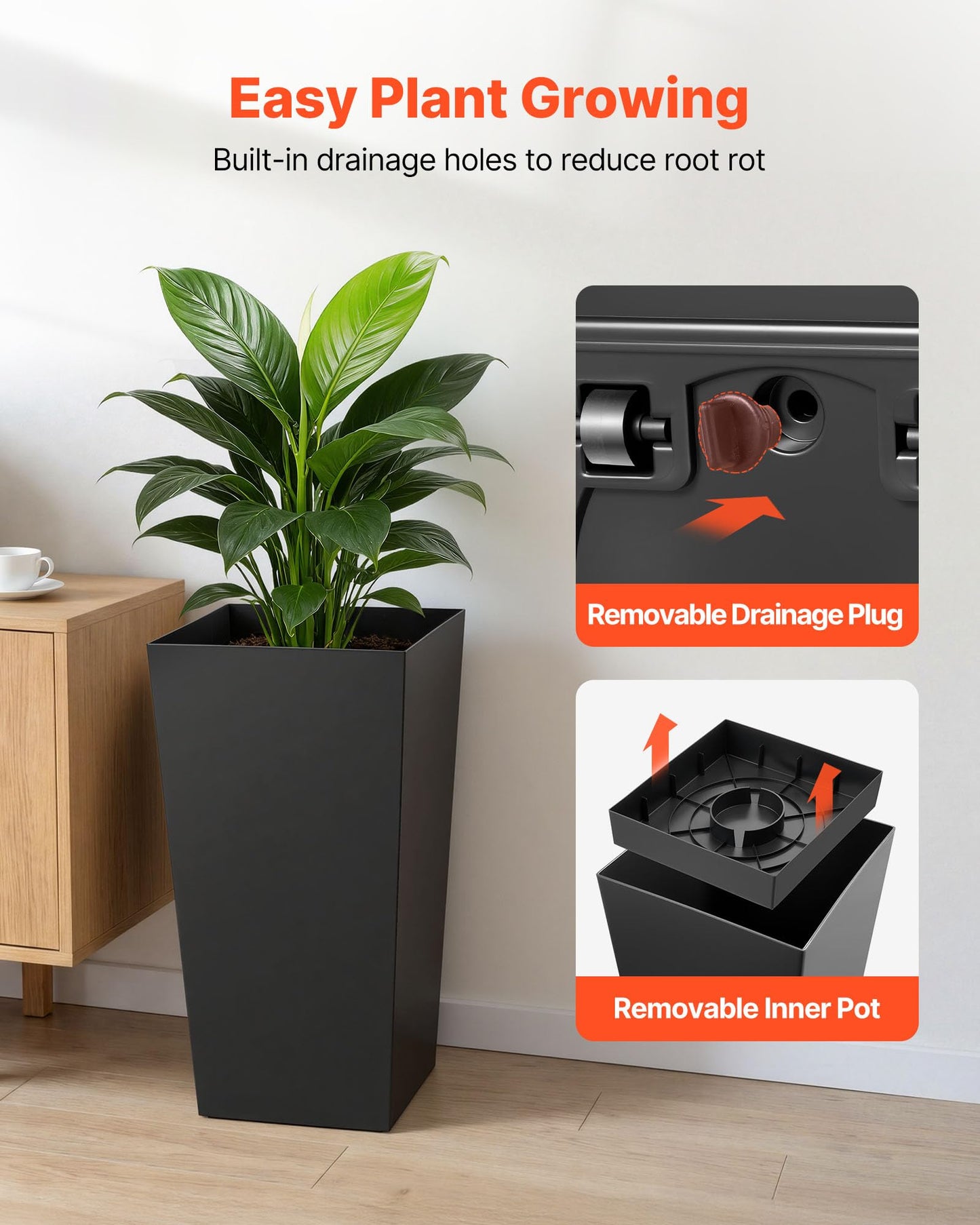 VEVOR 26 Inch Tall Planter Set of 2, Outdoor Large Tall Planters for Outdoor Indoor Plants, Tapered Black Planter for Front Porch, Patio, Garden, Plant Container Flower Pots with Built-in Drainage
