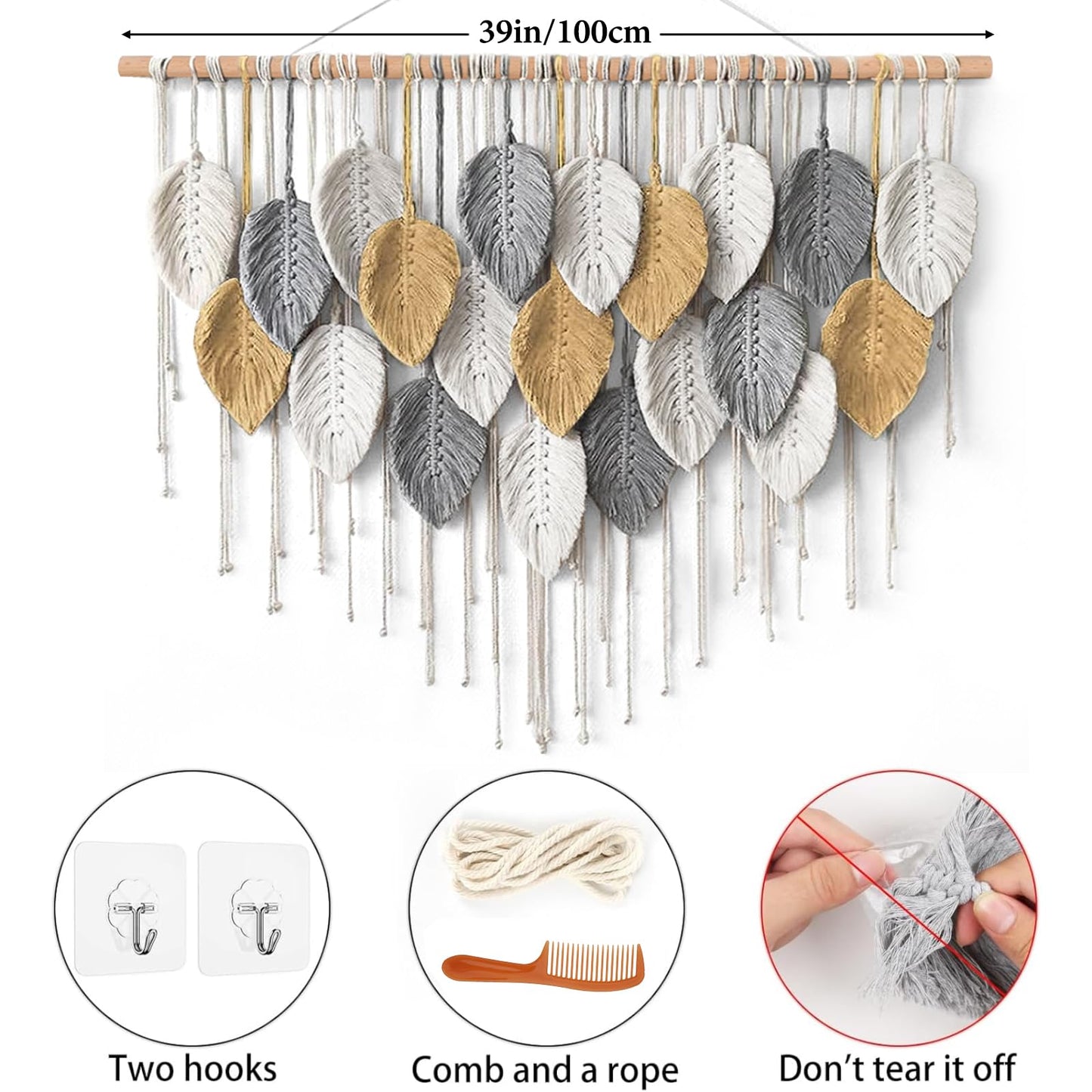 KHOYIME Large Macrame Wall Hanging Boho Woven Tapestry, Chic Modern Home Decor Bohemian Farmhouse Handmade Leaf Feather Wall Art Decorations for Living Room Bedroom Nursery Dorm Backdrop 39"W X 29.5"L
