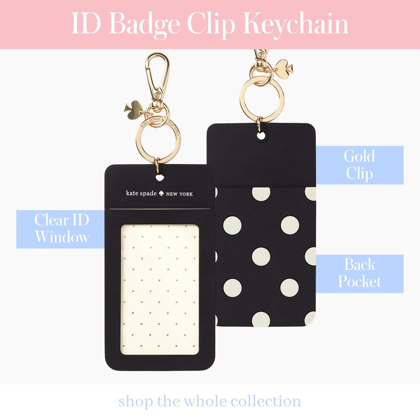 Kate Spade New York Designer ID Holder, Black Dot Silicone ID Clip with Gold Accents, Black Lanyard Compatible, 6x2.75 in