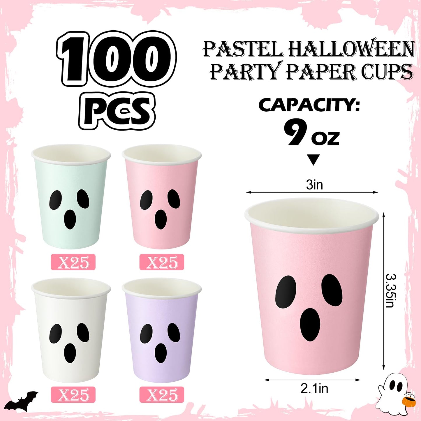 Jingmore 100 Count Summer Halloween Paper Cups 9 oz Disposable Hot/cold Beverage Drinking Cups for Girly Pastel Halloween Party Supplies Decoration(Ghost Face)