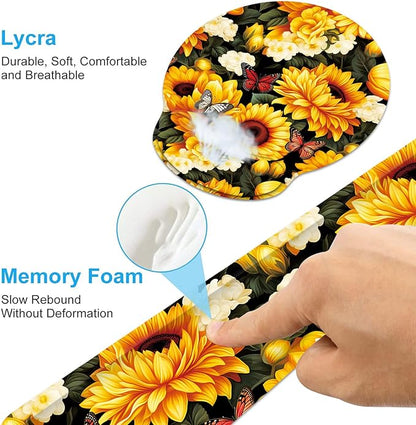 Keyboard Wrist Rest and Mouse Wrist Rest Pad with Cup Coaster,Made of Memory Foam,Ergonomic Support,Easy-Typing and Pain Relief,for Gaming Office Home Computer,Sunflowers and Butterfly