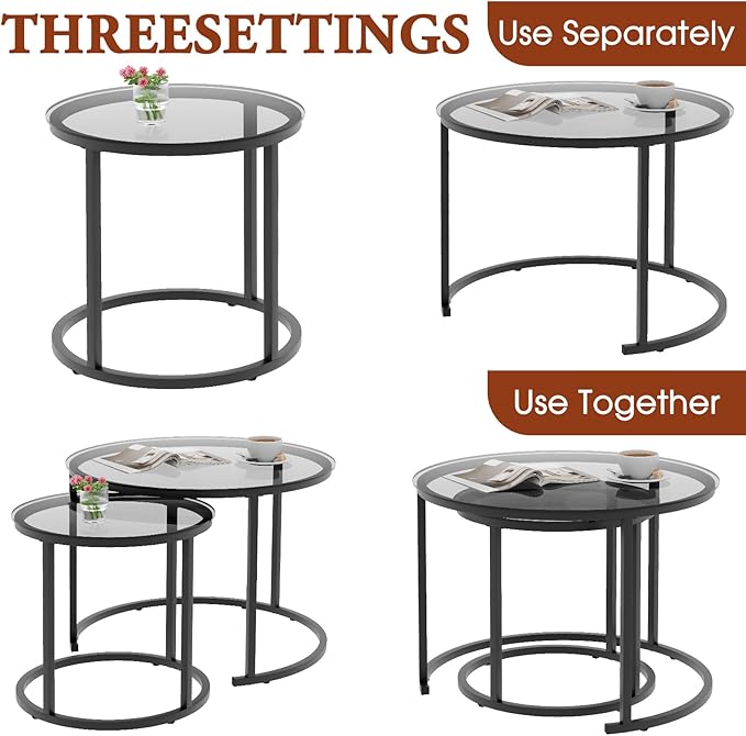 aboxoo Nesting Coffee Table Grey Glass Table Set of 2, Small Round Glass