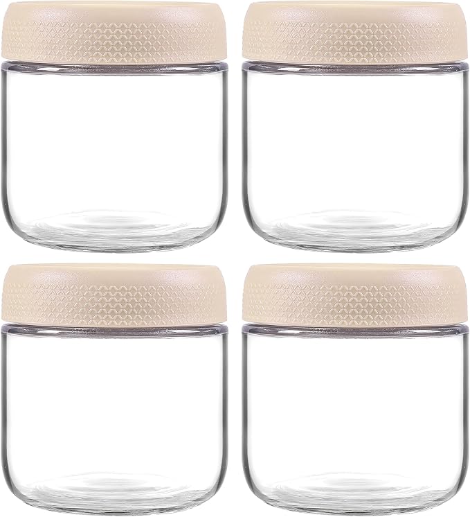 4 Pack Glass Clear Storage Canister with Airtight Lid, 12oz Overnight Oats Containers, Small Cute Decorative Pantry Jar for Snacks, Yogurt, Cereal, Fruit, Salad, Spice, Sugar, Coffee - Beige