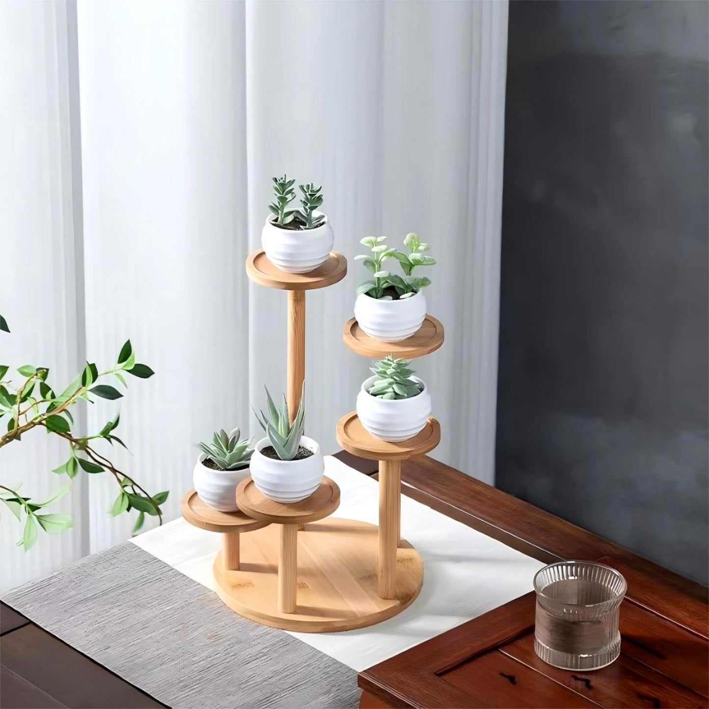 SRTFINE 5 Tiered Desk Plant Stand Round Bamboo Plant Shelf Tabletop Succulent Herb Stand Desktop Plant Stand Indoor Plant Rack for in Living Room Office Decoration - Small