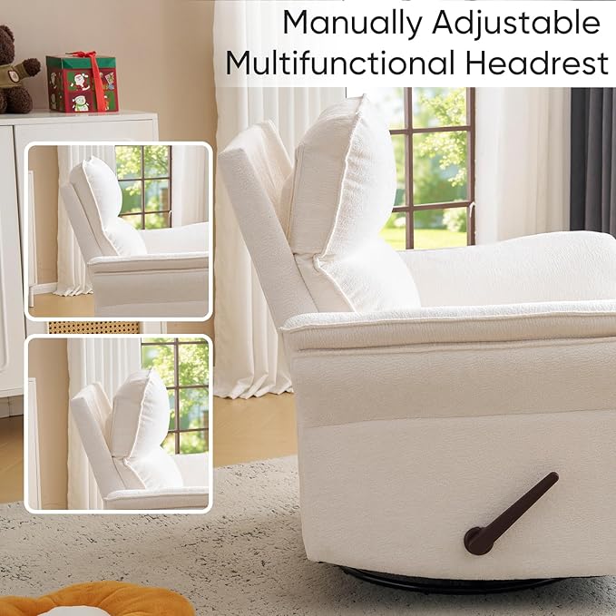 Rocking Chair Nursery with Adjustable Headrest, Manual Swivel Rocker Recliner