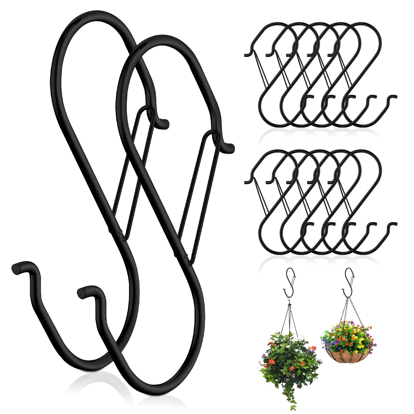 HCTESCO Heavy Duty Large S Hooks, 4.96 inch, Black, Set for Hanging Plants, Carabiners, Kitchen Cabinet Handles,s Hooks Buckle Side is Suitable for mostrods,Less Than 1.2inch in diamete(16)
