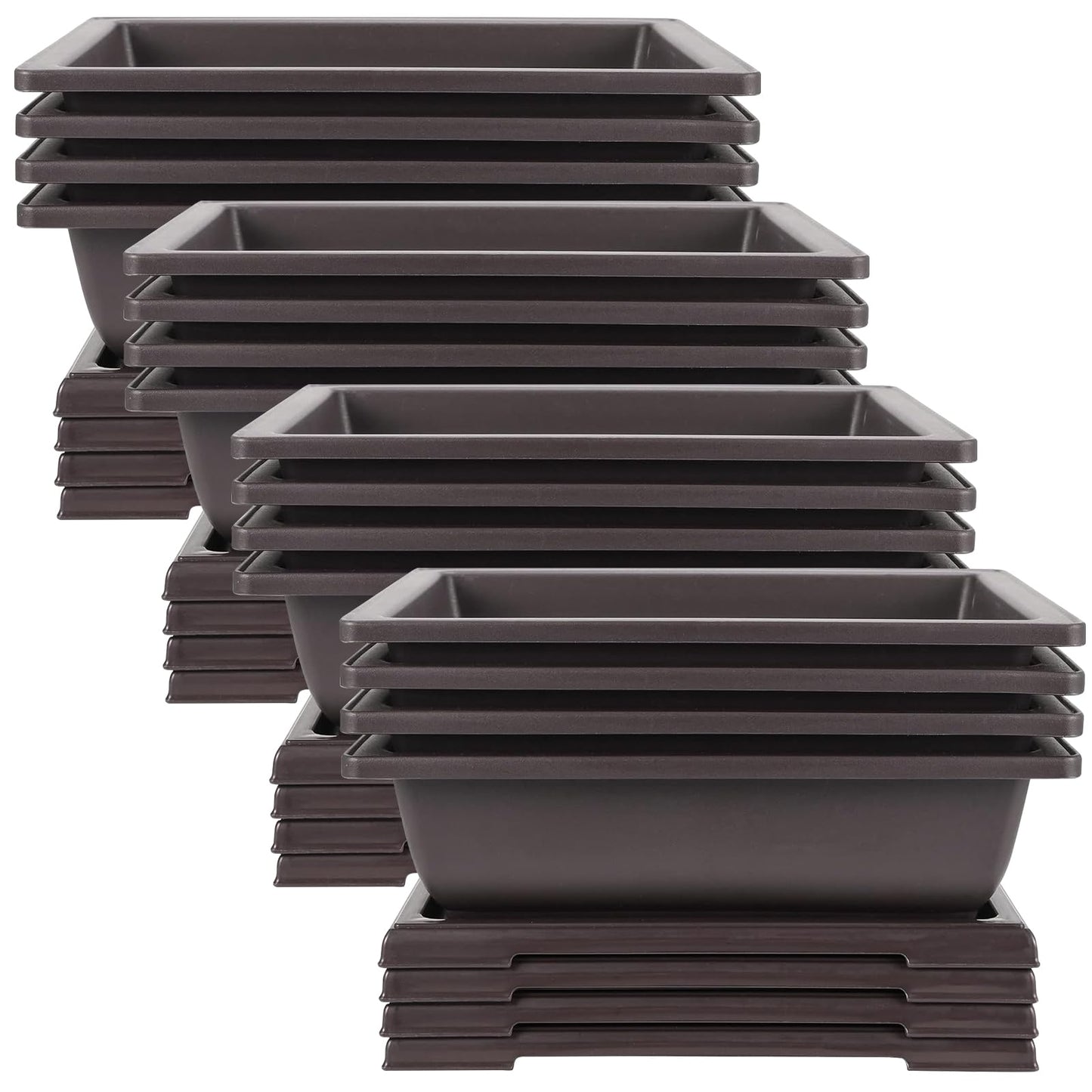 JEUIHAU 16 Pack 9 Inch Bonsai Training Pots with Tray, Rectangular Plant Pot with Drainage Hole, Brown Bonsai Tree Pot, Plastic Bonsai Planter Pots for Succulent, Herb, Flower, Potted Plant