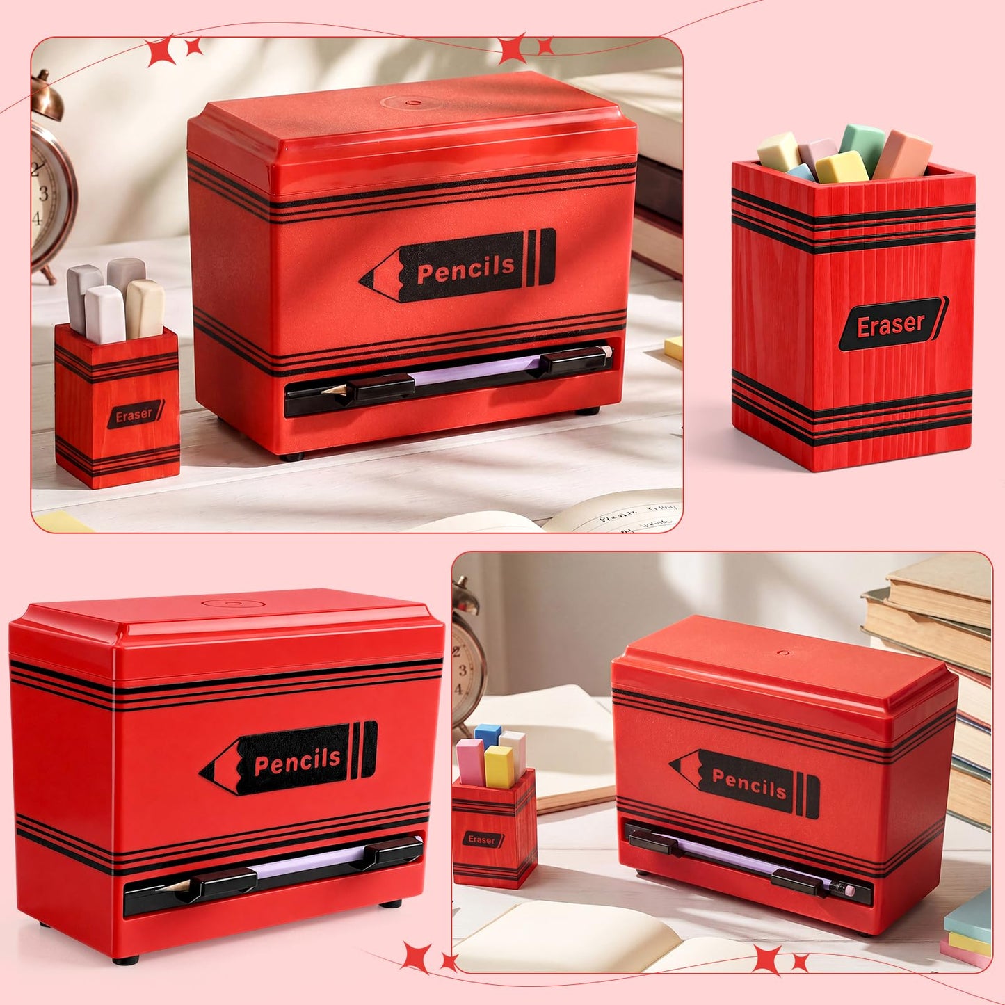 Gueevin 2pcs Pencil Dispenser for Classroom, Fun Desk Organizer with Eraser Holder, Interactive Pencil Storage for Teachers, Students & Homeschool Desk Organizer, Back to School Supplies(Red)