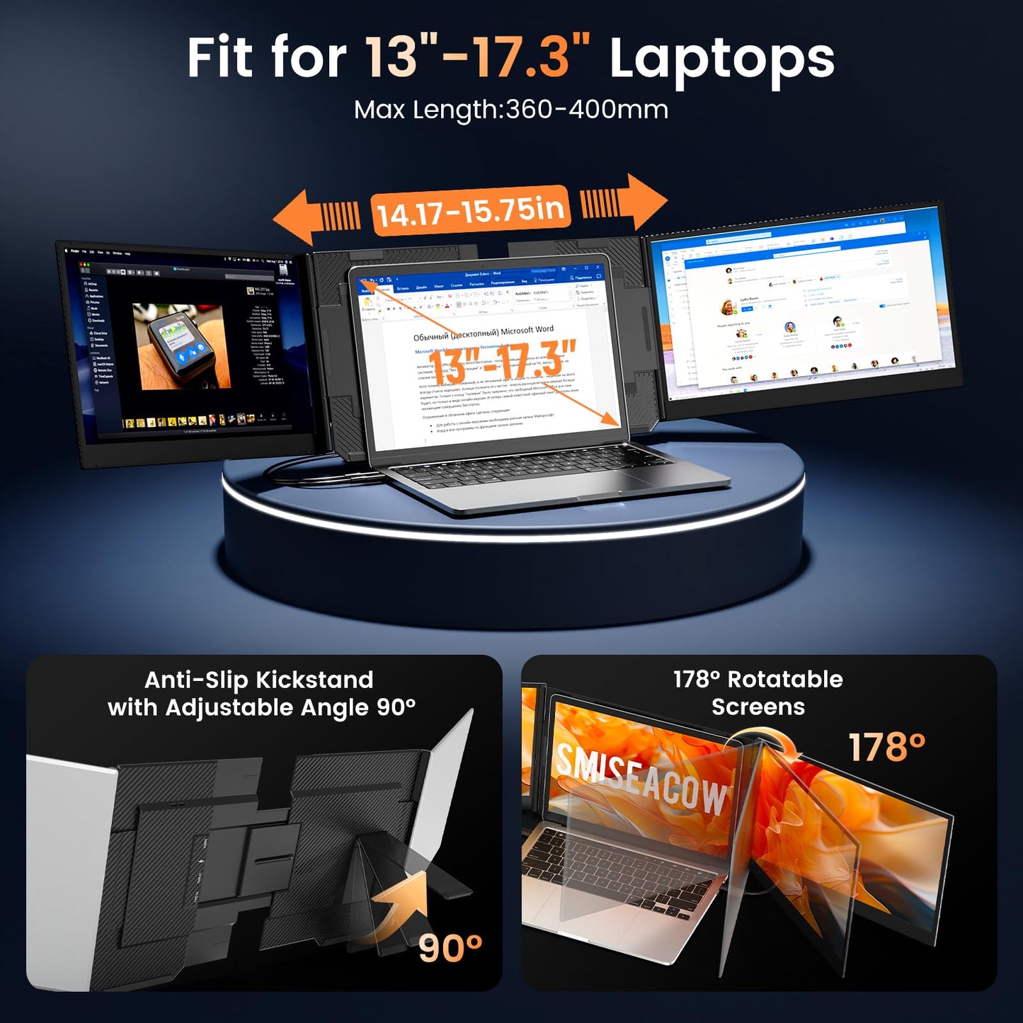 SMISEACOW Triple Laptop Screen Extender 15.6", 1080P FHD IPS 0.18" Ultra-Slim & 3.9 lbs, Plug-Play Portable Triple Monitor for Laptops Fits 13-17.3" Laptops, Compatible with Win/Mac/Android