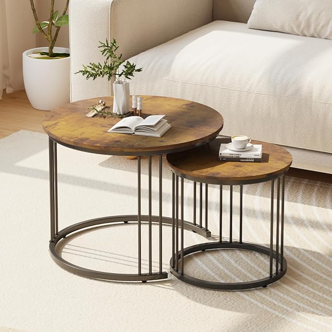 Garden 4 you Nesting Coffee Table, 23.6" Round Coffee Table Set of 2, Wooden