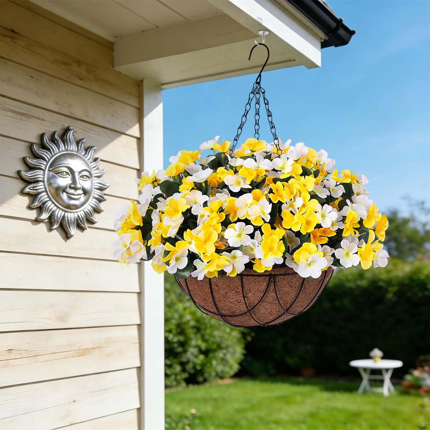 INXUGAO Artificial Hanging Flowers with Basket for Outdoor, Fake Hydrangea UV Resistant Arrangements in Pot Planter Spring Summer Decor for Porch Garden Yard(Yellow White)