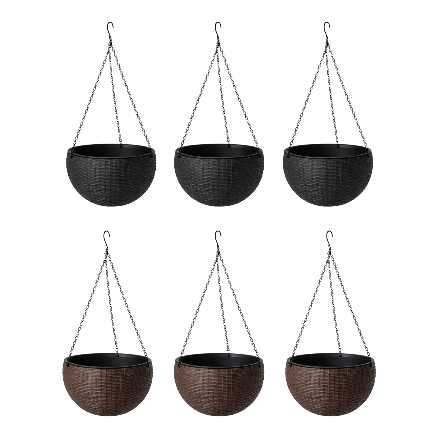 LaLaGreen Bundle- 3 Pack, 11 Black + 3 Pack, 11 Inch Brown Self Watering Hanging Plastic Basket Rattan Style Round Plant Flower Pots with Water Level Indicator Balcony Porch Modern Indoor Garden Decor
