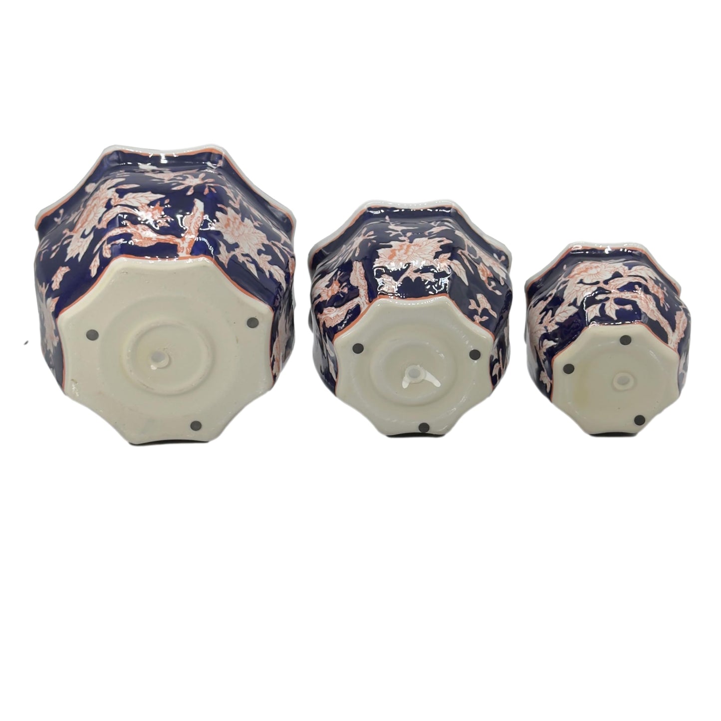 Galt International Blue & Pink Round Fluted Floral Porcelain Ceramic Plant Flower Planter Pot Set of 3 (7.5", 10", 13") Garden Pots Chinese Asian Design