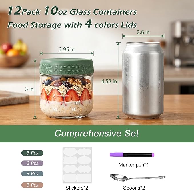 12Pack 10oz Overnight Oats Containers with Lids, Glass jars with Airtight Lids, Glear Food Storage Containers, Mason Salad jars for Yogurt Snacks Pudding Spice Sugar