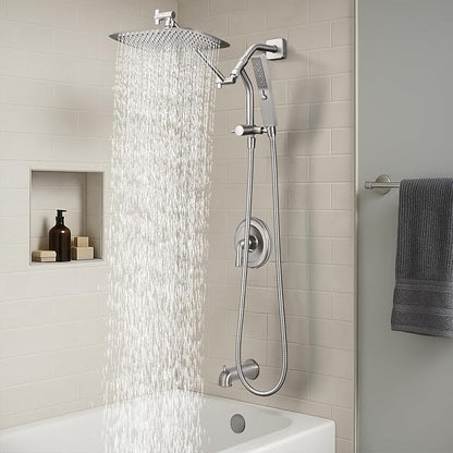 G-Promise All Metal 10 Inch Rain Shower Head with Massage Mode Handheld Spray Combo, 3-Way Diverter with Pause Setting, Full Body Coverage, Modern Bathroom Upgrade (Brushed Nickel)