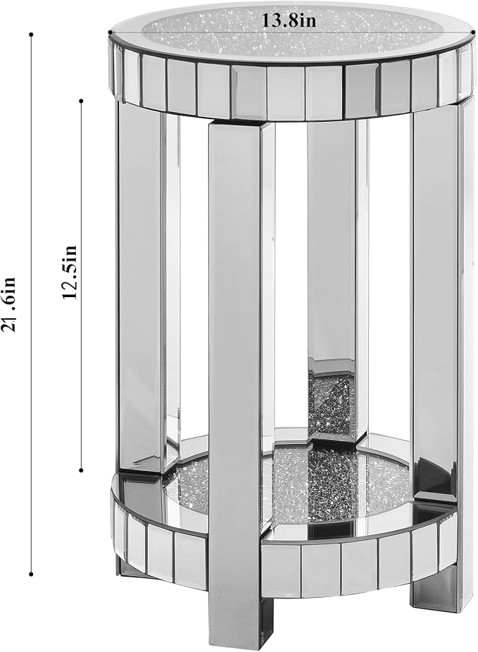 Mirrored Round End Table with Crystal, 2-Layer Modern Small Sofa Table with