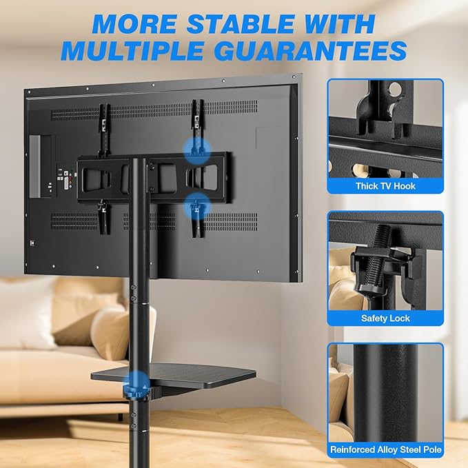 Rolling TV Stand with Shelf for 23-65 inch TVs up to 88lbs, Portable Mobile TV