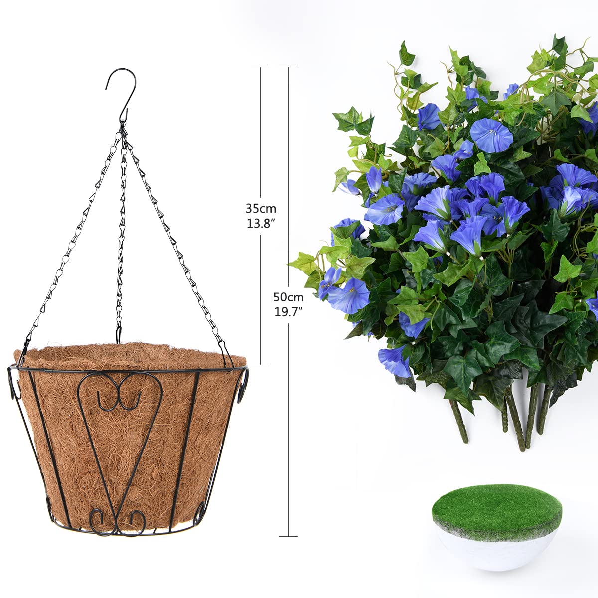 Homsunny Artificial Vine Silk Petunia Flowers, Fake Hanging Plant in Basket, Coconut Lining Pot Porch Decoration for Patio Lawn Garden Spring Summer Decor(Blue)