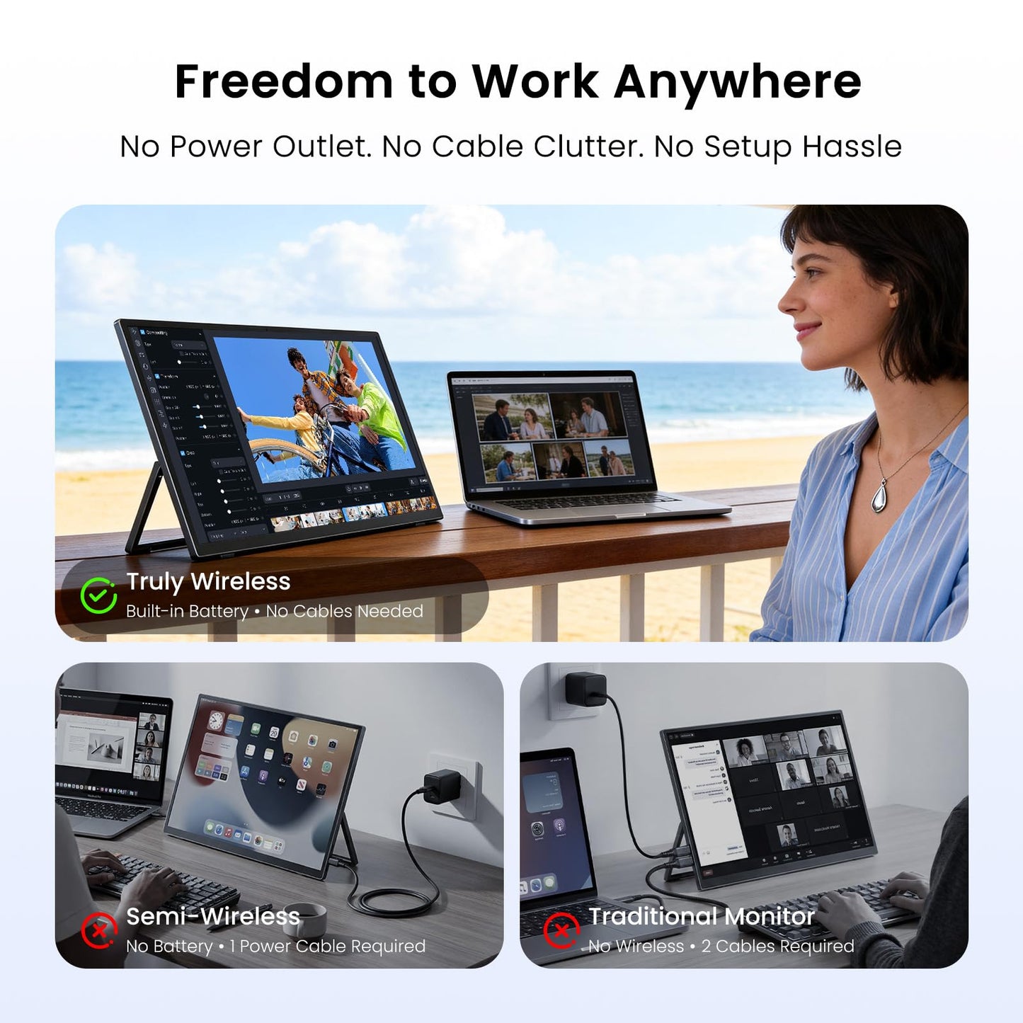 UPERFECT Wireless Portable Monitor with Battery 10000mAh, 23.8" 1080P FHD 100Hz 145% sRGB QLED Gaming Monitor with Stand, Bag & VESA, Large Second Screen for Laptop, Computer, Phone, Game Consoles