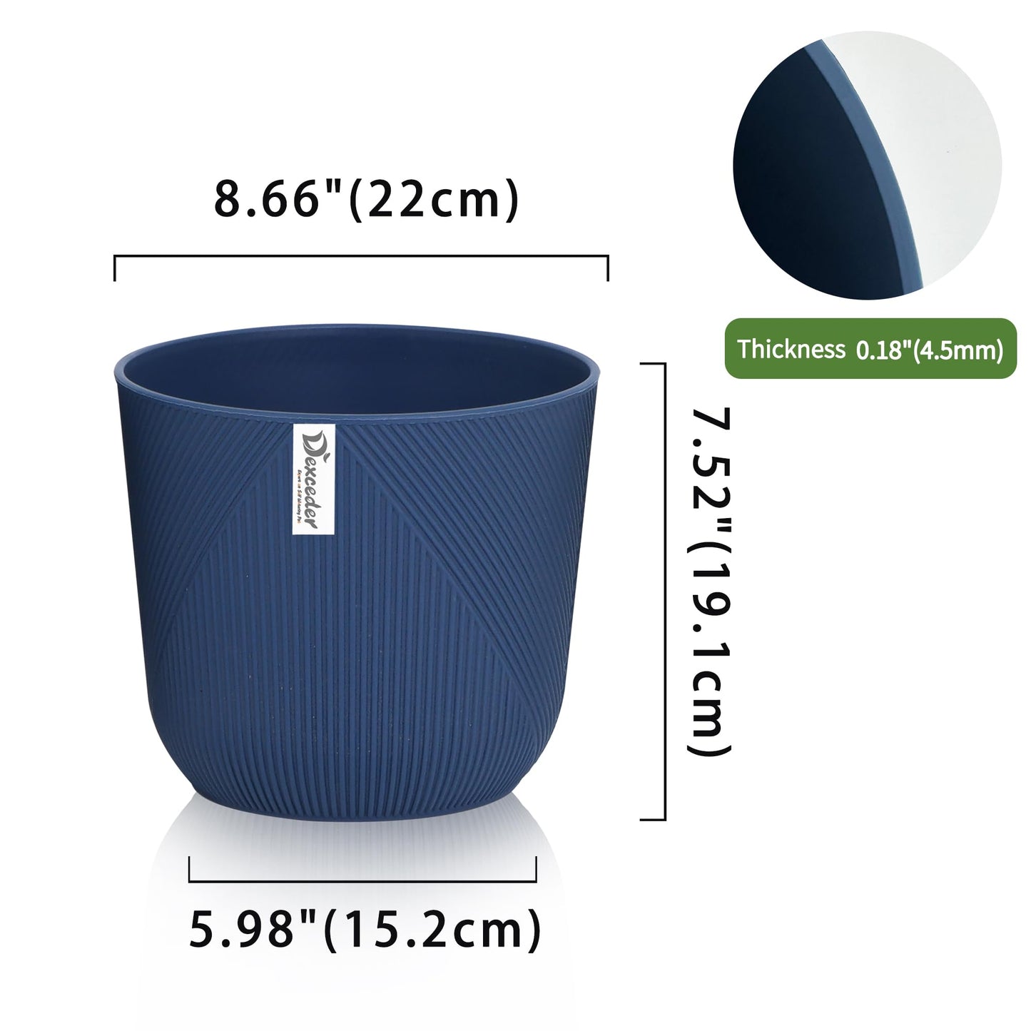 Dexceder 9x8 Striped Table Flower Plant Pot with Drainage Hole & Removable Plug (2 Pack, Deep Blue)