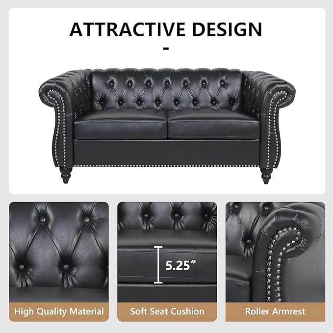 Mid-Century 2 Seater Sofa, Faux Leather Loveseat