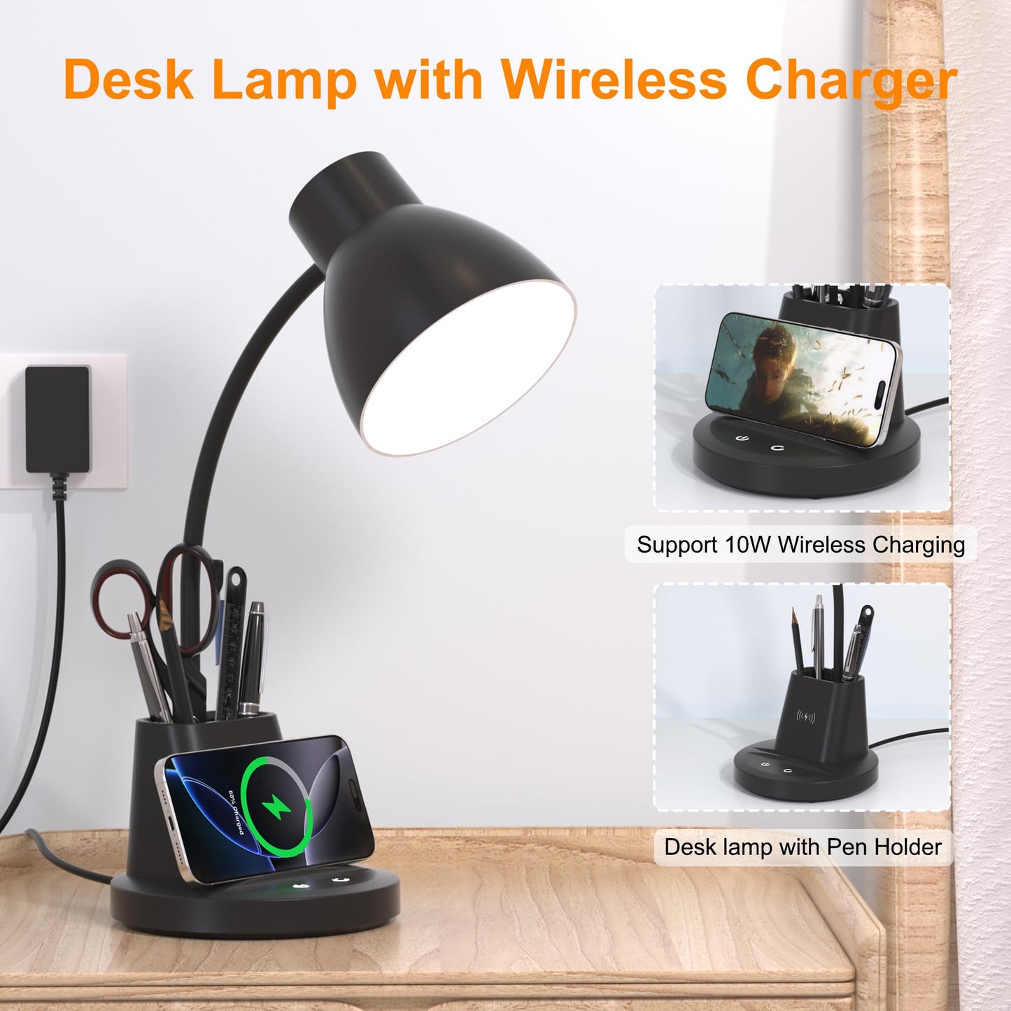 Sailstar Desk Lamp for Home Office, 10W Wireless Charging, Eye-Caring LED Desk Light, CRI 95+ 3 Color Modes Stepless Dimming Pen Holder, 360° Flexible Arm Desk Lamps for College Dorm, Adapter Included