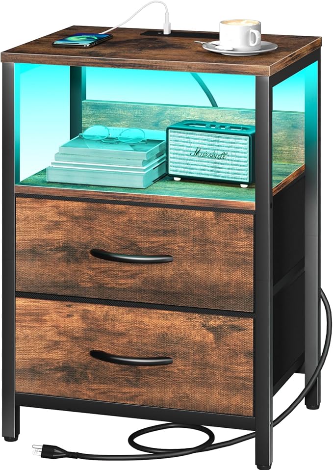Yoobure Nightstand with Charging Station, LED Night Stand with Fabric Drawers