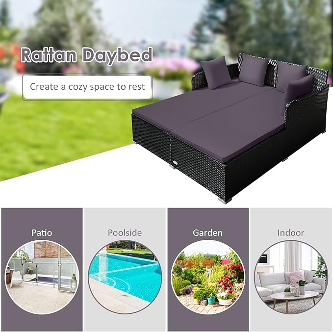 COSTWAY Outdoor Patio Rattan Daybed, Sponge Cushioned Loveseat Sofa