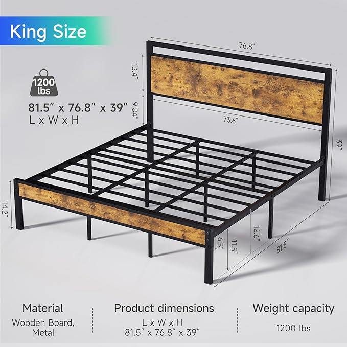 King Metal Bed Frame with Wooden Headboard and Footboard, Heavy Duty Platform