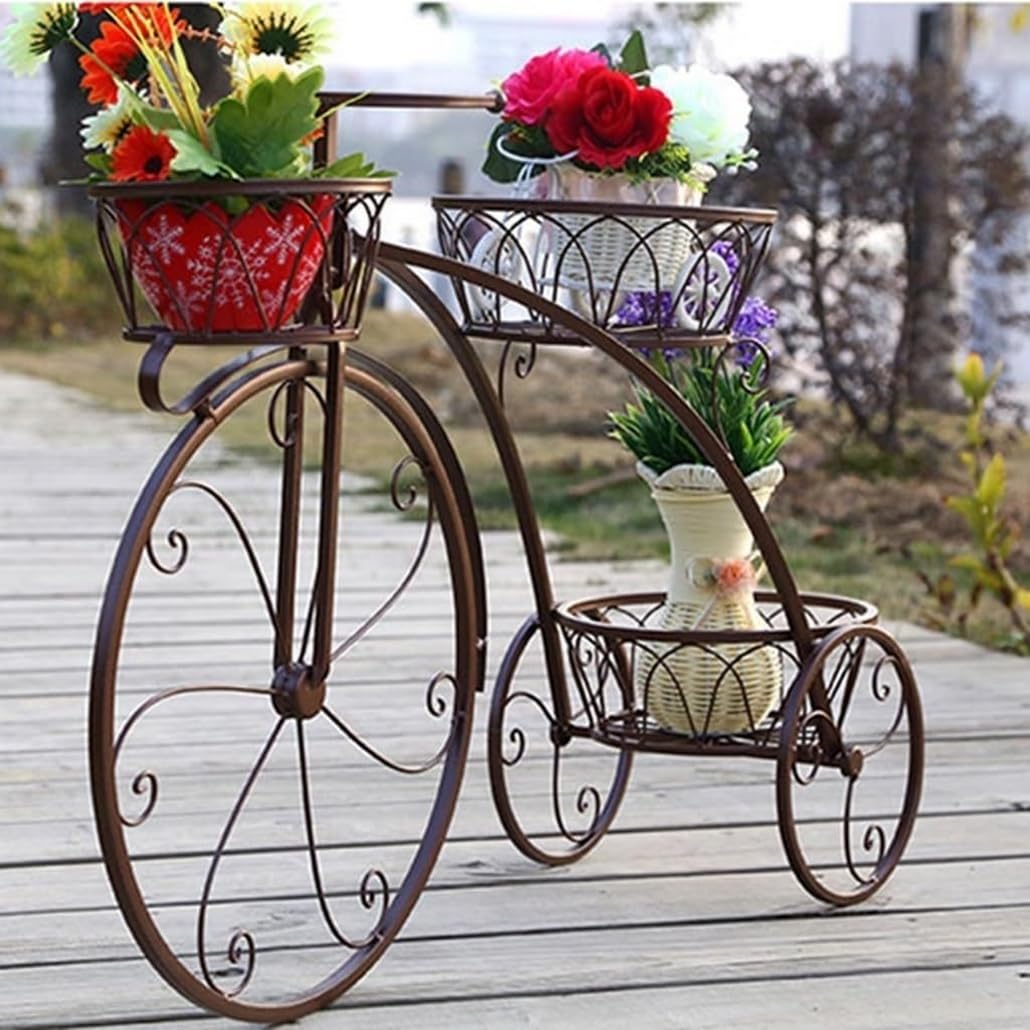 Wrought Iron Bicycle Home Garden Decor Iron Plant Stand,Plant Flower Pot Stand Flower Stand, 3 Tiered Small Bicycle Display Rack Stand Holds for Garden Patio Brown