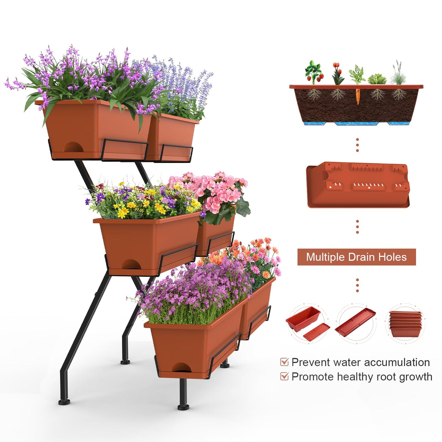 Vertical Garden Planter 3 Tier Vertical Raised Garden Bed Standing Garden Planters with 6 Container Boxes Elevated Garden Planters Indoor Outdoor Herb Planter for Flowers Vegetables Plants, Brick Red