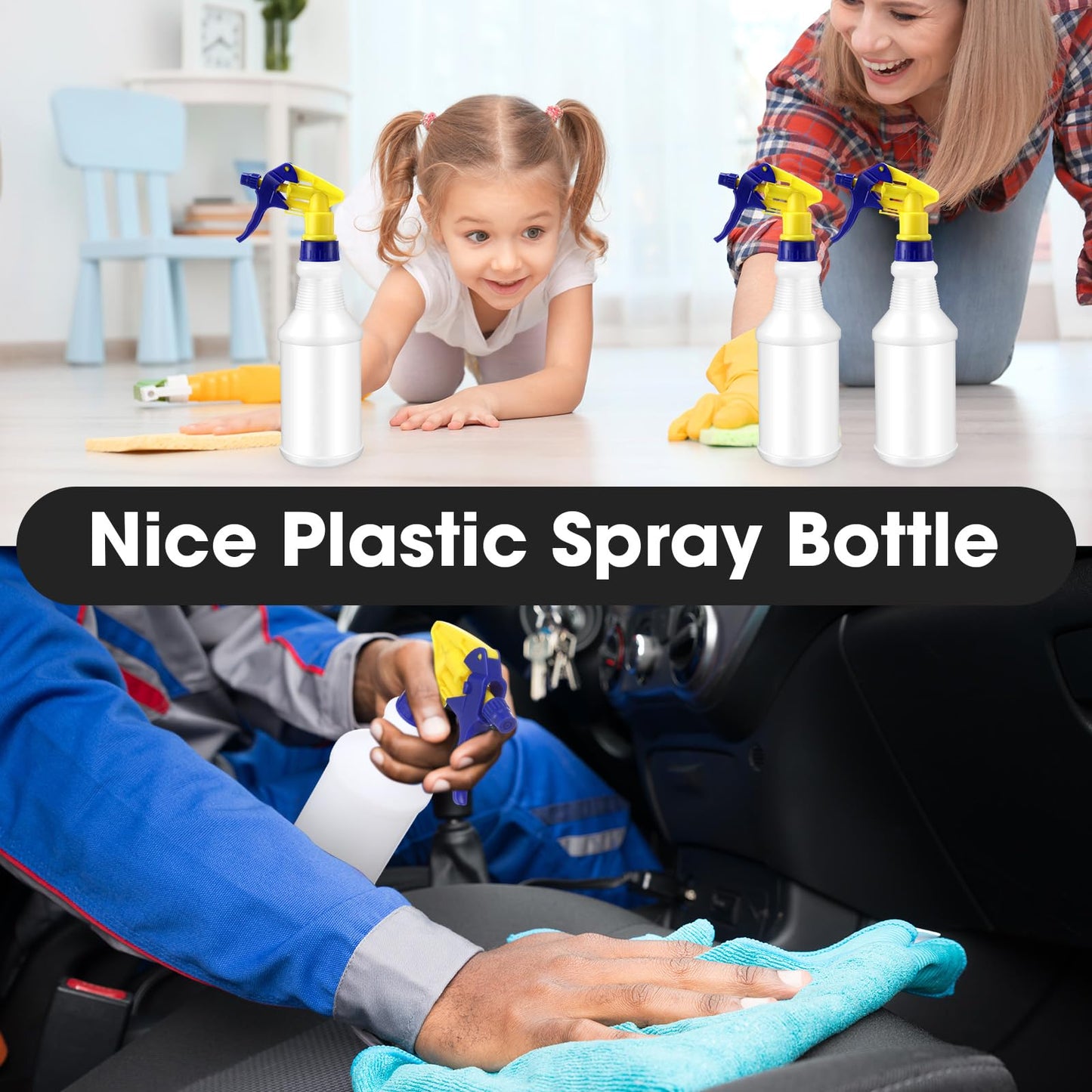Eccliy 12 Pcs 16 Oz Plastic Spray Bottle, Adjustable Empty Reusable Sprayer for Cleaning, Planting, Water, Bathroom and Kitchen, BBQ, Commercial and Residential (Original,Yellow,Blue)