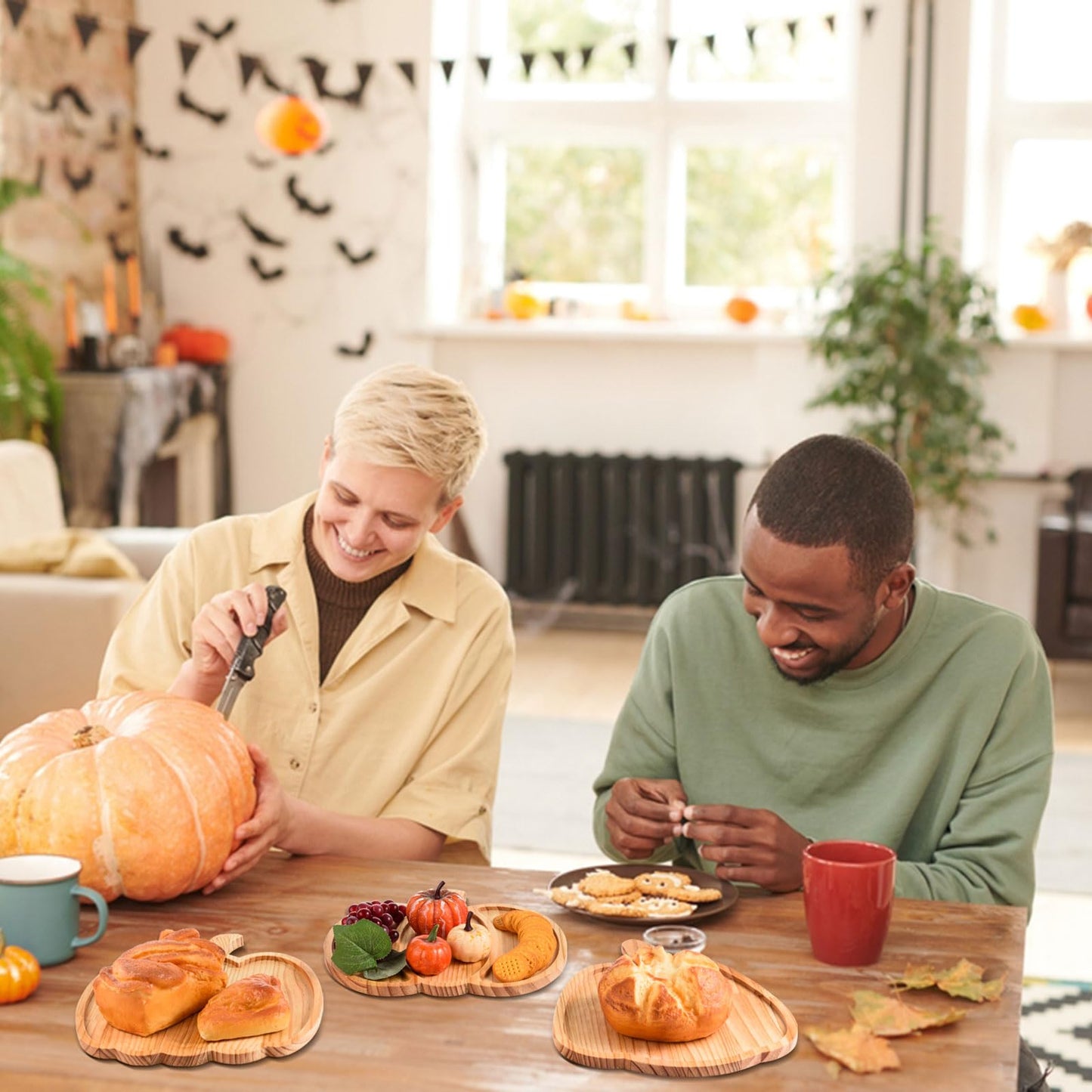 FOBSME 3 Pcs Pumpkin Wooden Charcuterie Boards Thanksgiving Serving Platters Halloween Pumpkin Wooden Serving Trays with Compartments Wood Dish Plates for Autumn Harvest Holiday Housewarming Presents