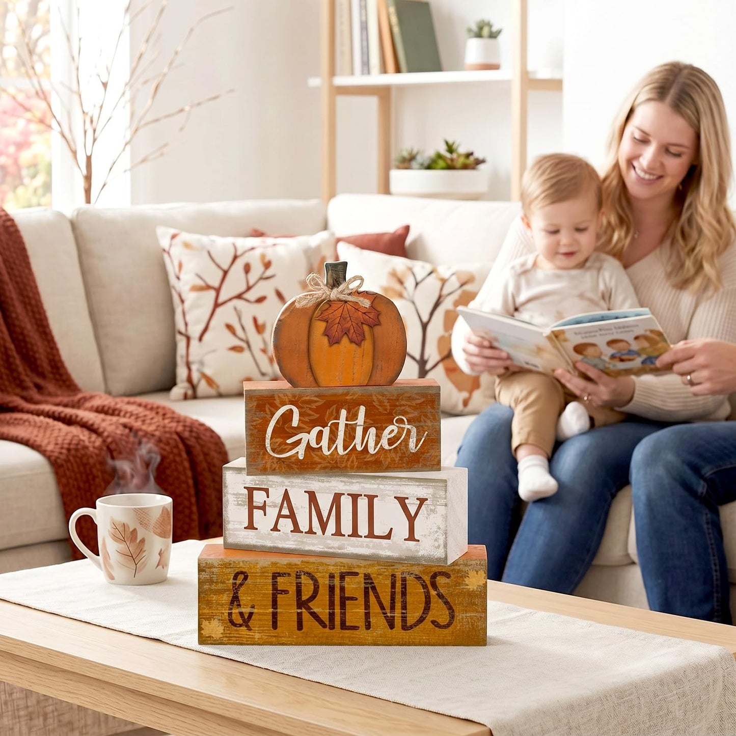 Lineshading 4 Pcs Fall Pumpkin Decor Fall Decorations for Home Wooden Pumpkin Decor Thanksgiving Table Centerpiece Rustic Decorative Autumn Stacked Block Signs Farmhouse for Harvest Party Home Kitchen