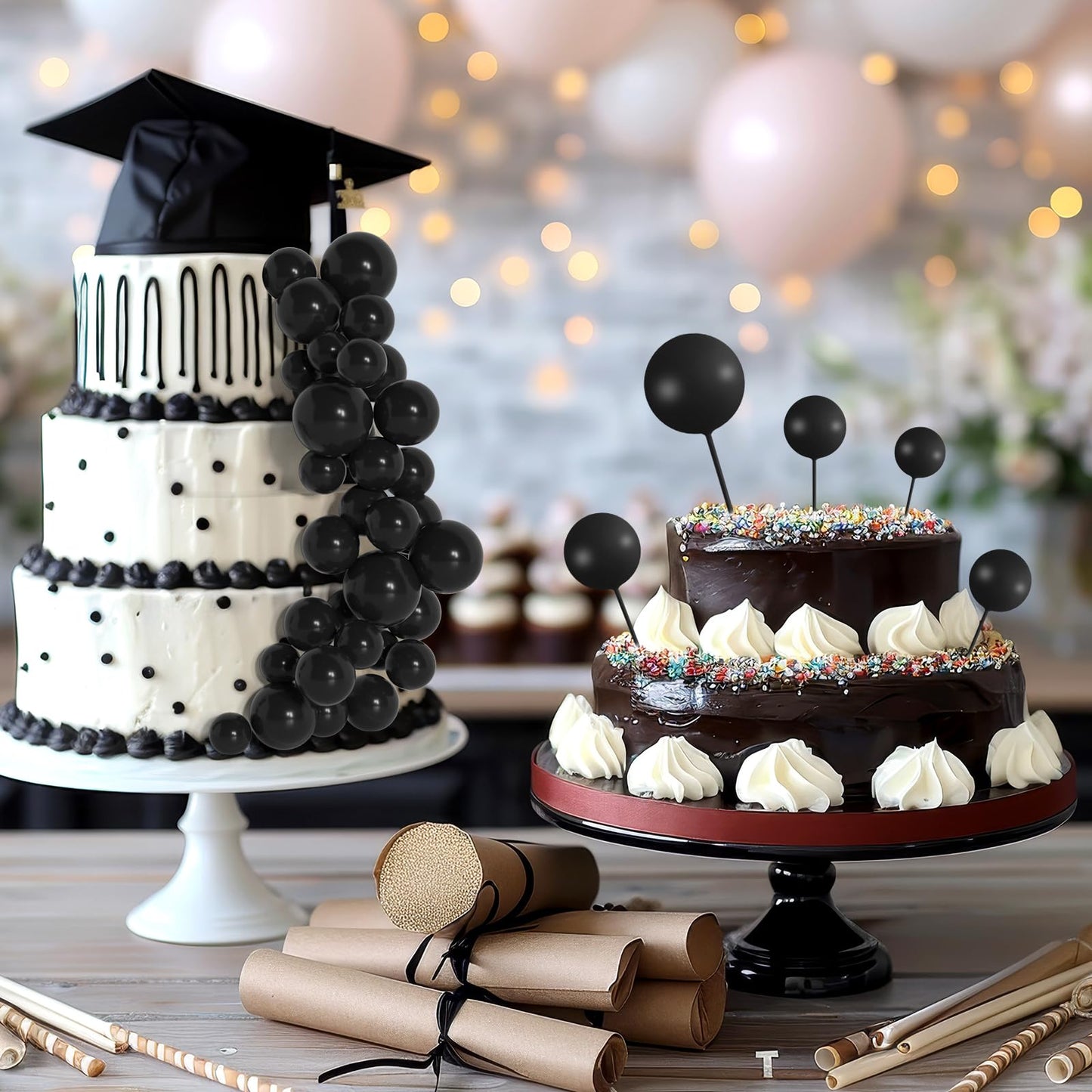 BOUBONI 138 Pcs Black Balls Cake Topper Decorations Balloon Cupcake Toppers Foam Cake Topper Balls Decorations for Halloween Birthday Party Wedding Anniversary