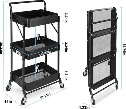 Foldable 3 Tier Metal Utility Rolling Cart, Folding Mobile Multi-Function Storage Trolley Organizer Cart for Home Library Office(Black)