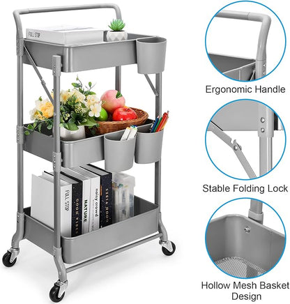 Foldable 3 Tier Metal Utility Rolling Cart, Folding Mobile Multi-Function Storage Trolley Organizer Cart for Home Library Office(Grey)